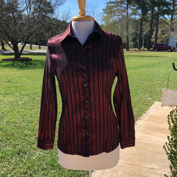 Compliments Tops - Women's Black and Red Striped Blouse Compliments Tops - Women's Black and Red Striped Blouse